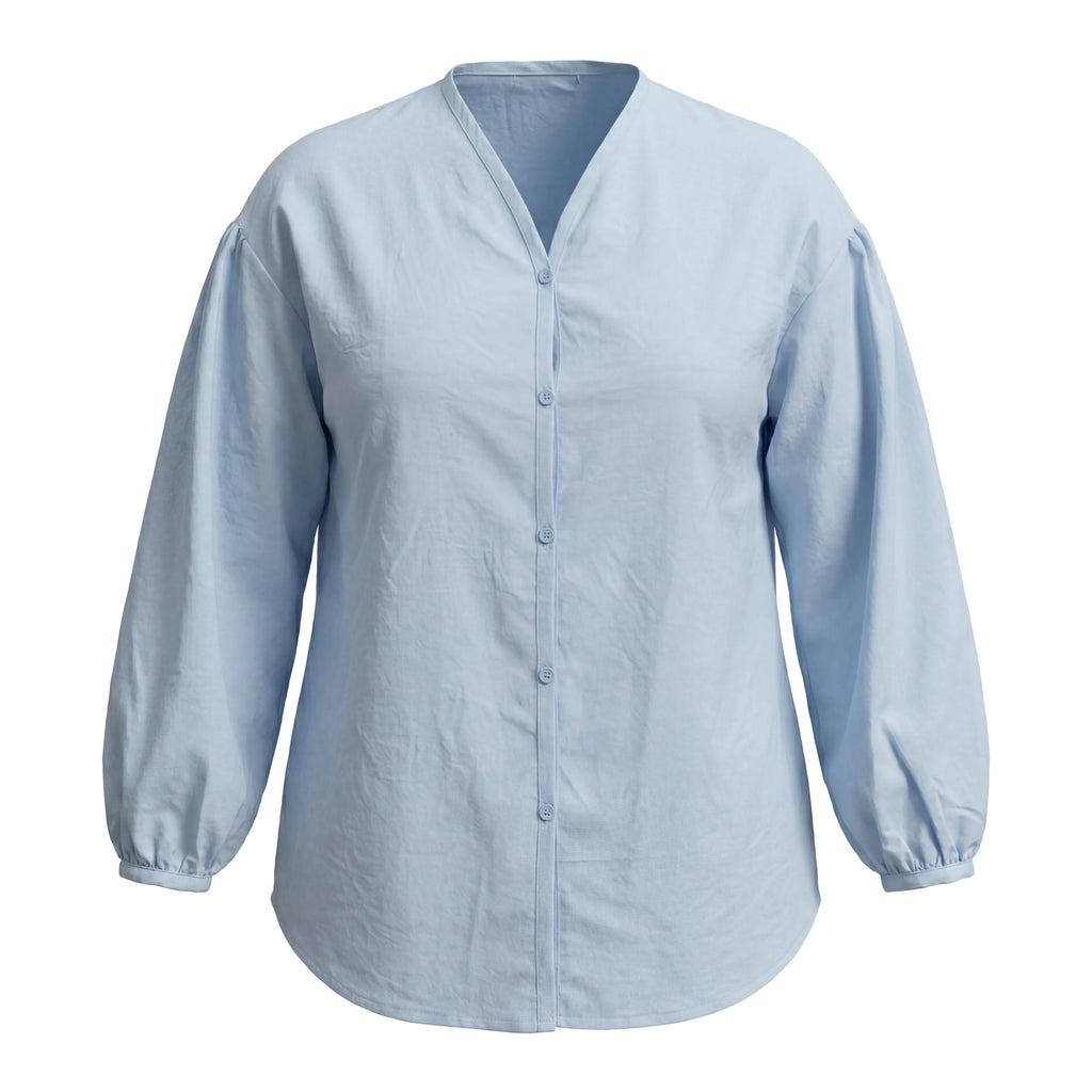 Rosa fera Plus Size Damen-Freizeitbluse mit V-Ausschnitt, langen Puffärmeln und lockerem Knopfverschluss
