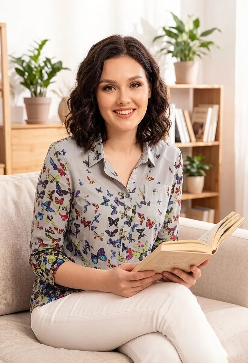 Damen-Bluse mit Schmetterlingsdruck, Chiffon-Hemd, 3/4-Ärmel, Umlegekragen, lässig, lockere Passform, Sommer-Top