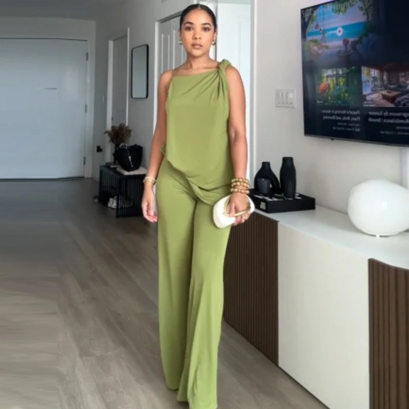 HXAO Grüne Hosen-Sets für Damen, zweiteiliges Set, gerüschtes, asymmetrisches Slip-Top, Anzug-Outfit, schickes, drapiertes Hosen-Set mit hoher Taille und weitem Bein