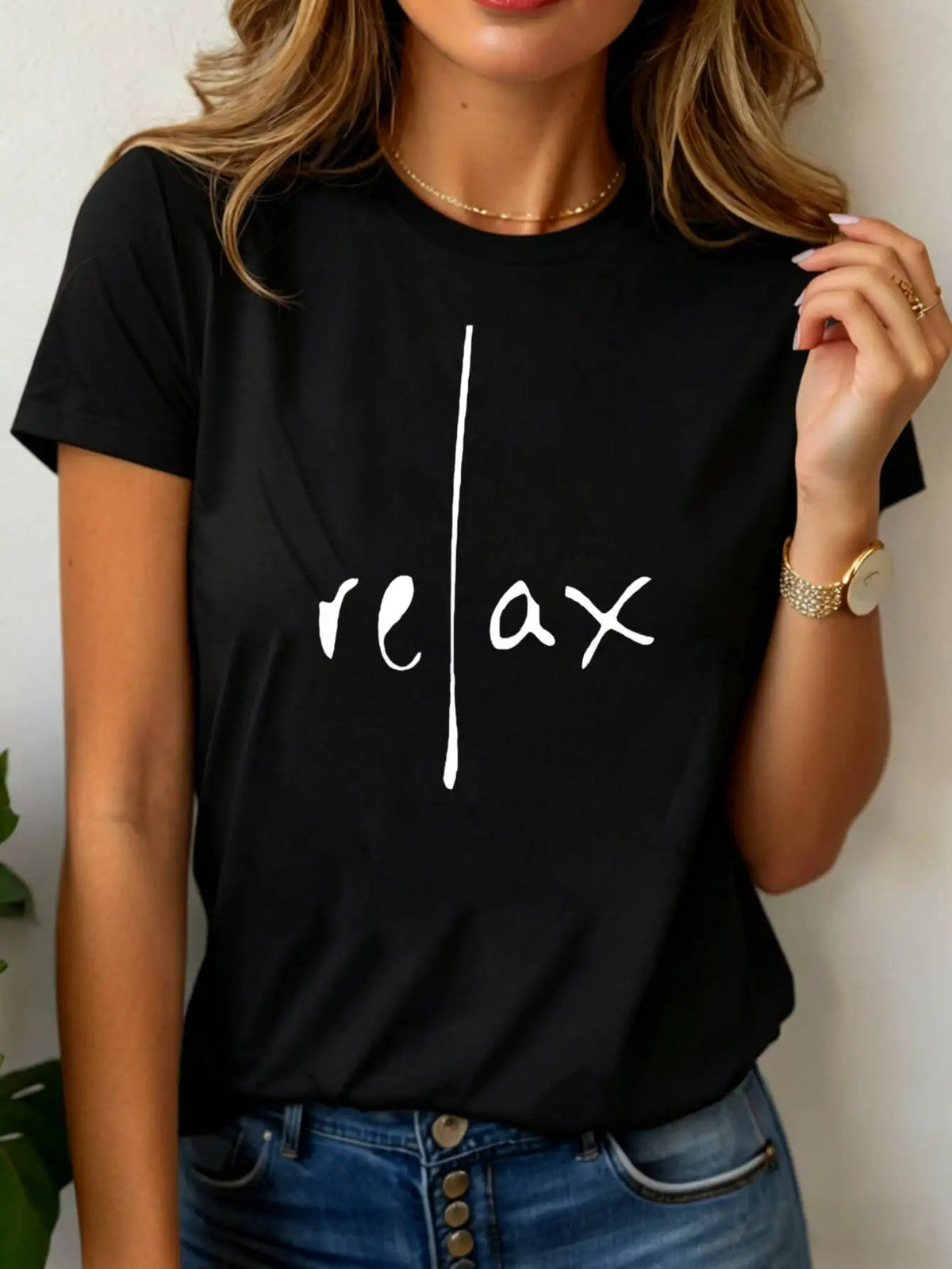 Lässiges, minimalistisches Damen-T-Shirt mit Relax-Buchstaben-Aufdruck, Rundhalsausschnitt, kurze Ärmel, für den Alltag und Aktivitäten, Tops, T-Shirt für Damen