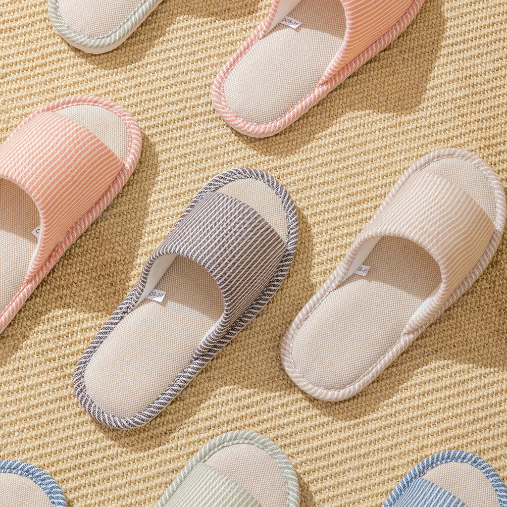 Herren Rutschfeste Leinen-Hausschuhe für Frühling und Sommer, Atmungsaktive Innenraumschuhe mit Offener Zehenpartie und Rutschfestem Streifendesign