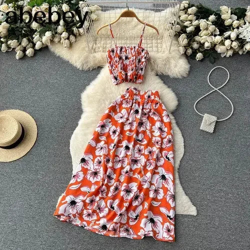 2026 Urlaubs-Blumendruck, zweiteilige Anzüge, Reißverschluss-Design, schmales Tank-Top + A-Linie, langer Rock, Vintage-Böhmische Strand-Sets