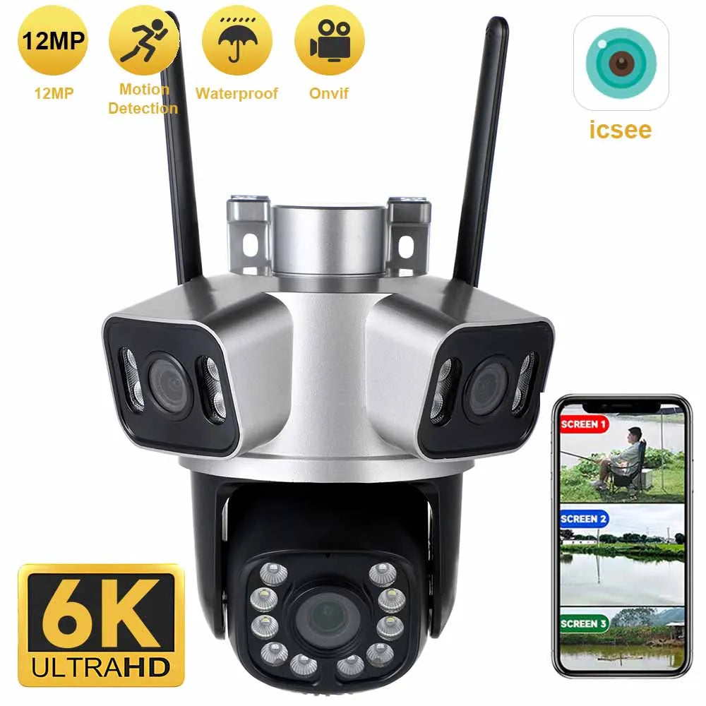 12mp 6k hd wifi ip kamera outdoor 3 objektiv 3 bildschirm ptz kamera auto tracking home security cctv überwachung 8mp cam