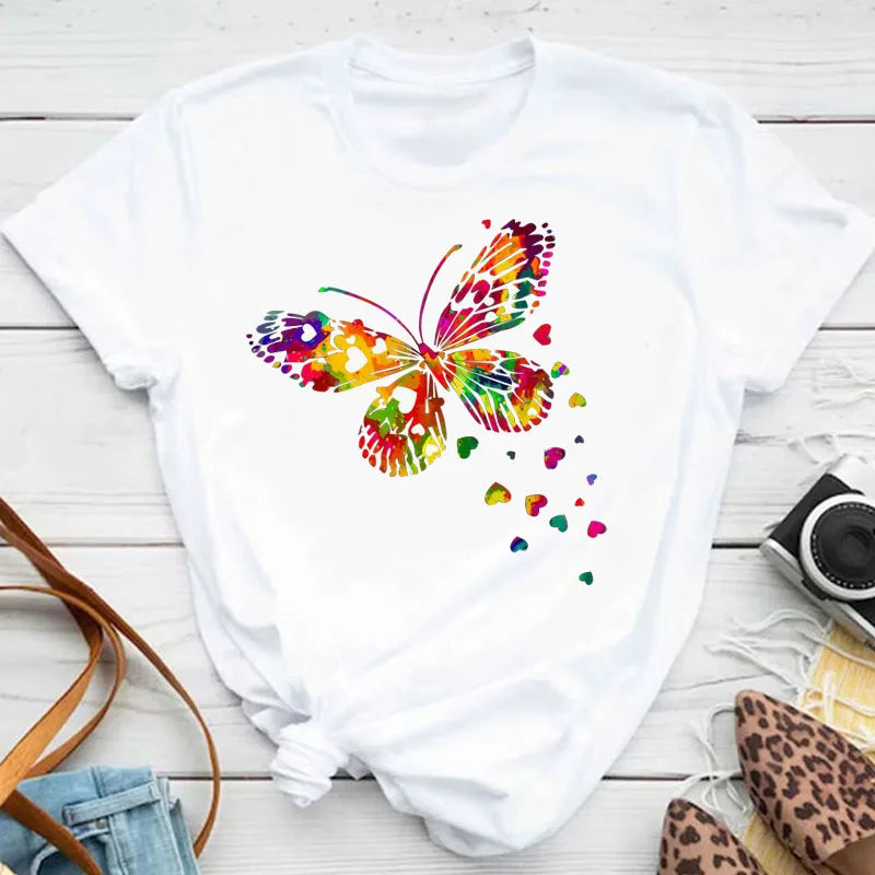 Neue blaue Schmetterling Blumen gedruckt T-Shirt Frauen Sommer lässig Kurzarm O-Ausschnitt Tops 90er Jahre Mode Grafik weibliche Tops T-Shirts