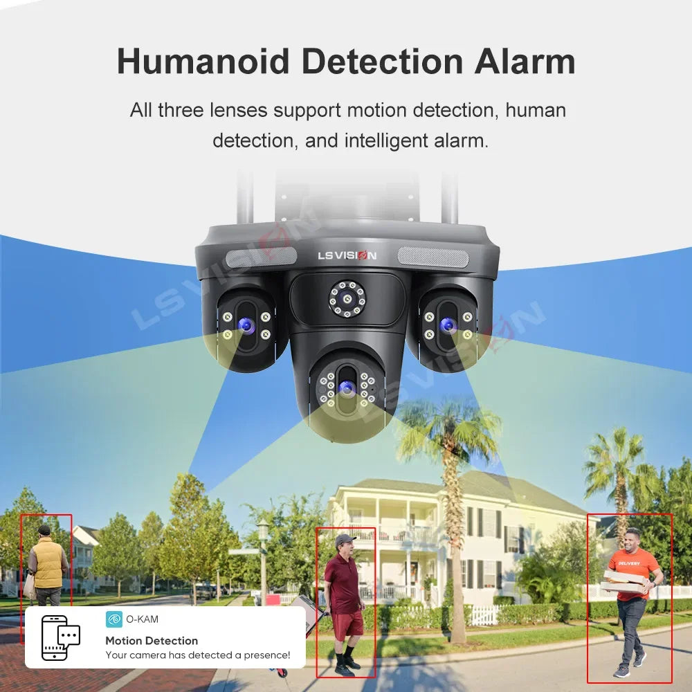 LS VISION 15 MP WLAN-Kamera mit drei Bildschirmen für den Außenbereich, drei 360° ° Rotation PTZ IP Kamera Human Auto Tracking Videoüberwachung Cam CCTV