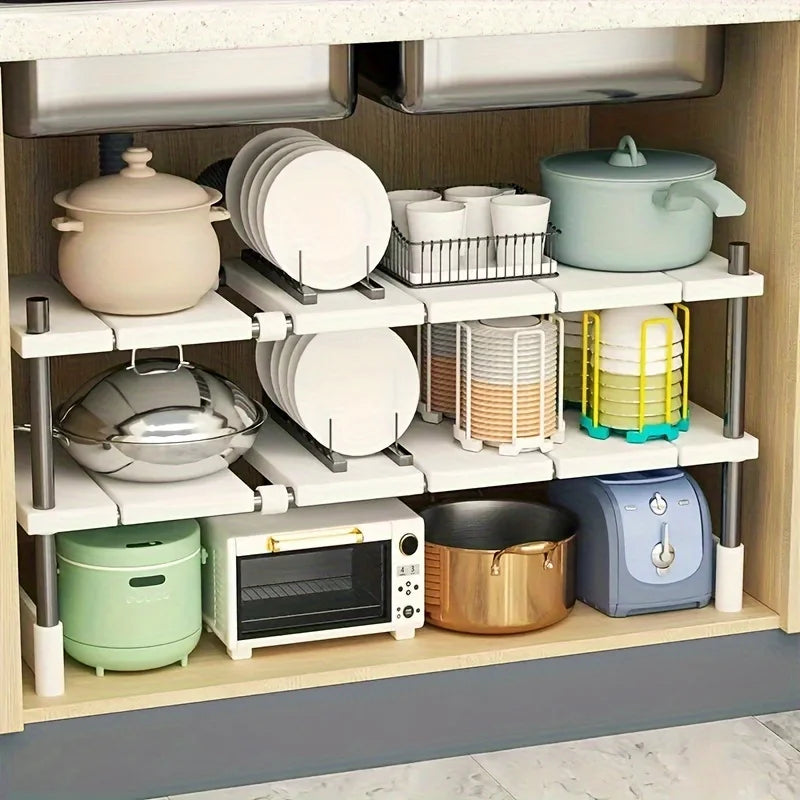 Verstellbares Aufbewahrungsregal unter der Spüle, erweiterbarer Küchen- und Badezimmerschrank-Organizer, langlebiger, platzsparender, mehrschichtiger Topflappen