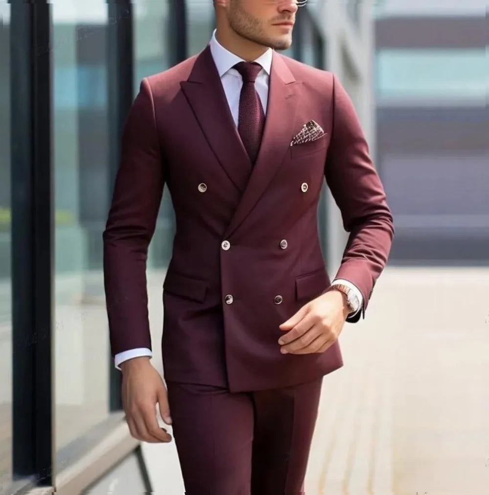 Herren Casual Hochzeitsanzug Zweiteiliges Set aus Polyestergewebe Doppelreihig Geknöpft Formeller Anzug für Trauzeugen und Bestmannen