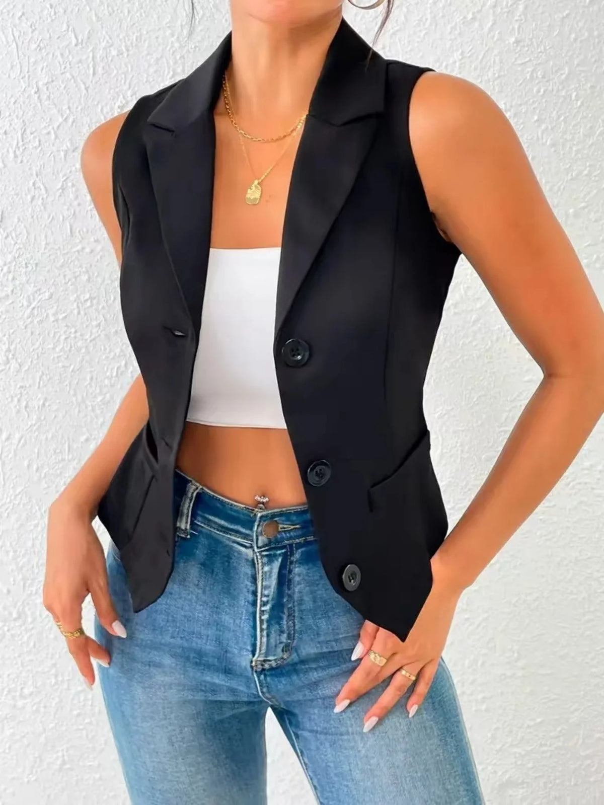Elegante ärmellose Blazerweste für Damen, formelle Reverskragen, einreihige Büroarbeitsweste, professionelle Business-Anzugweste