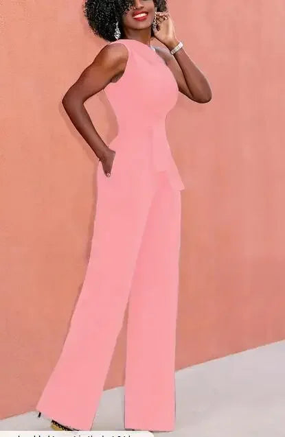 Damen-Overall, einfarbig, Skew-Kragen, bauchfreies Top, gerade Hosen, Gürtel, sexy, ärmellos, lockere Hosen, elegante, charmante Playsuits 2024