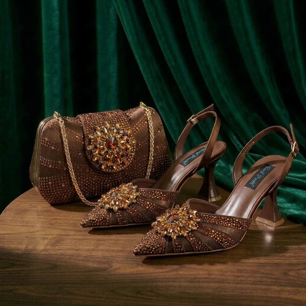 2026 Elegante grüne Strass-Slingback-Absätze für Damen & passendes Handtaschen-Set – Komfort inklusive – Stylische Schuhe mit spitzer Zehenpartie