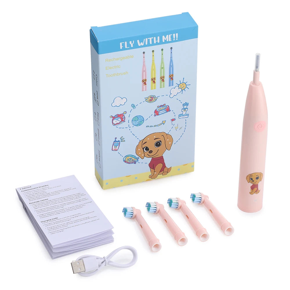    Elektrische Zahnbürste mit 5 Modi und Timer für Kinder, Cartoon-Design, Smart-Rundkopf, rotierendes Mundreinigungsgerät mit Ersatzköpfen
