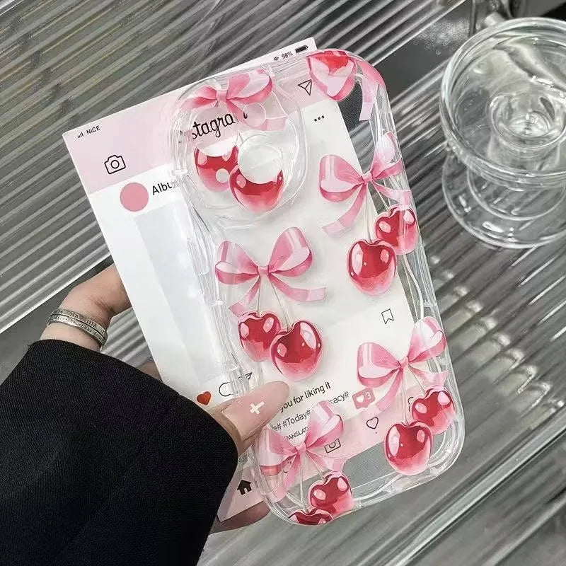 Rosa Kirschblüten-Schleifenmuster Wellenrand-Handyhülle für iPhone 17 Pro Max 16 15 14 Plus 13 12 11 Pro Max 16e 17e Transparente Hülle