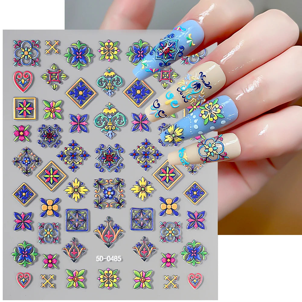 1 Stück 5D weiche geprägte farbige böhmische Nail Art Aufkleber abstraktes Design Retro blau gelbe Blume Nagelaufkleber DIY Nageldekoration