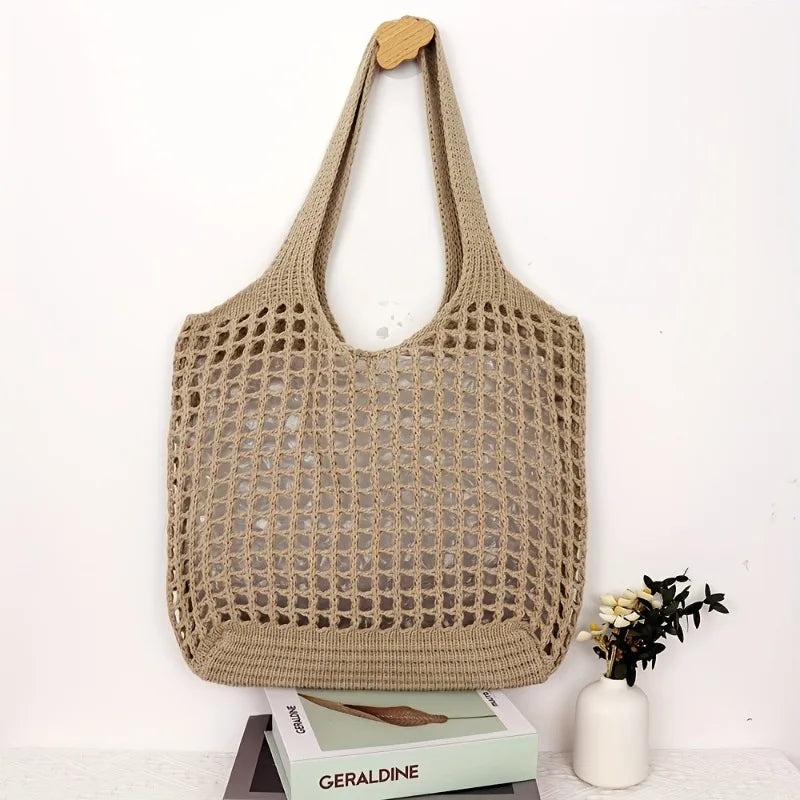 Gehäkelte Tragetasche für Damen, großes Fassungsvermögen, hohl gewebte Einkaufstasche mit festem Schultergurt, ideal für Reisen, Taschen für Damen, Handtaschen