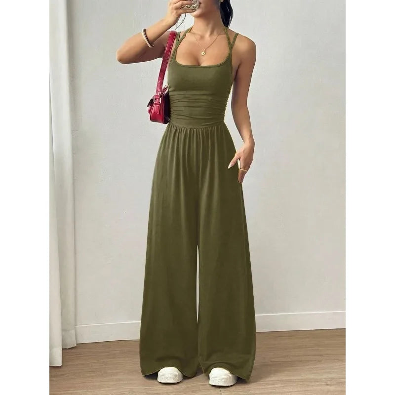 Damen Sommer Schwarz Lässiger Plissierter Lockerer Gerader Jumpsuit Ärmellos Hohe Taille Rückenfreier Overall Einfacher Trägeroverall