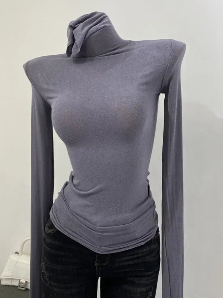 Rollkragen Slim Fit Hochwertiges Einfarbiges T-Shirt für Damen Baumwolle Elastisch Basic Damen-Oberteil Langarm Sexy Dünnes T-Shirt Transparent