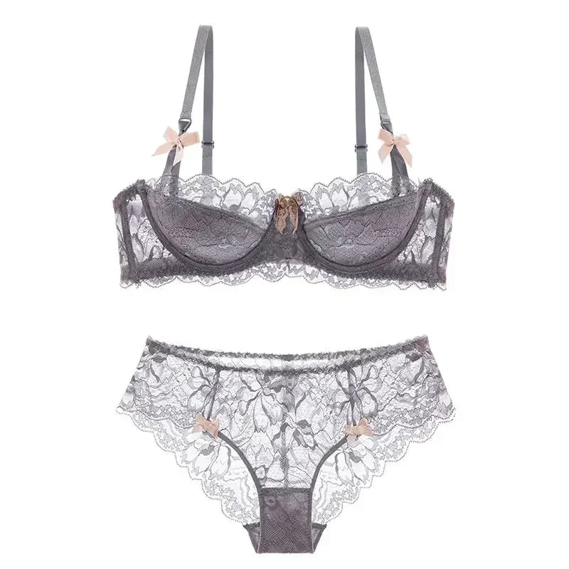 BANERDANNI Französisches Spitzen-Bralette-Set, atmungsaktiver, nicht gepolsterter BH für zierliche, transparente Blumen-Dessous, kabelloses Komfort-Anti-Gap-Design