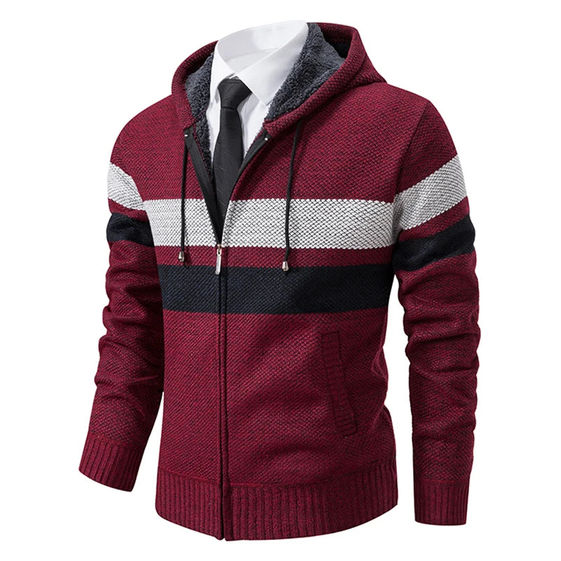 Mann Pullover Strickjacke Streifen Zipper Stricken Jacke Fleece Warme Mit Kapuze Pullover Mantel männer Straße Casual Männliche Jacke Mantel Jumper