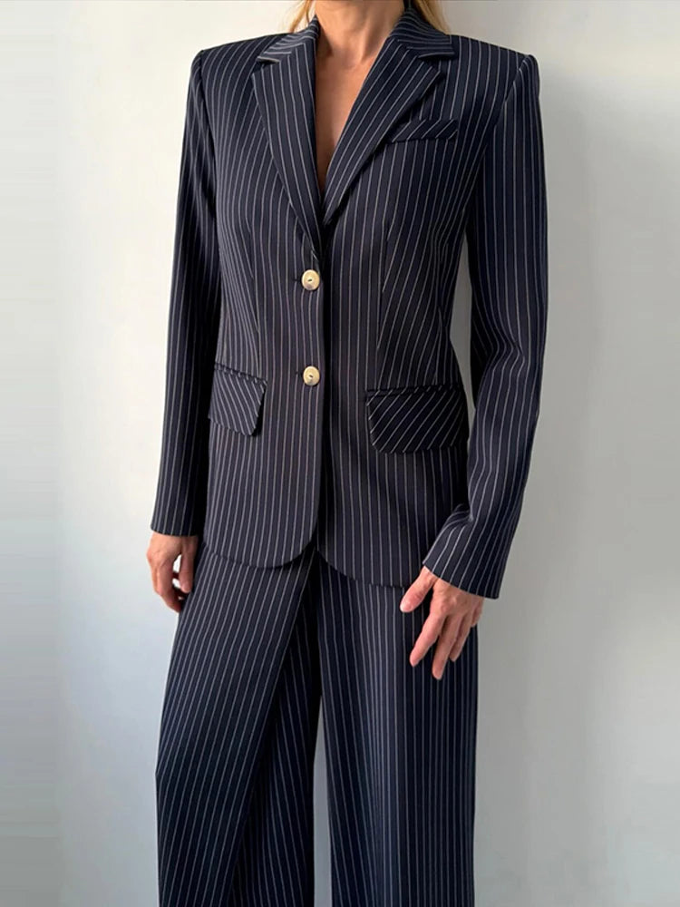2026 Büro-Anzug mit Streifenmuster, Gürtel, Revers, Langarm-Einreiher-Mantel und Taschen, Weite Hose für Frühling und Herbst, Damen-Pendler-Outfit