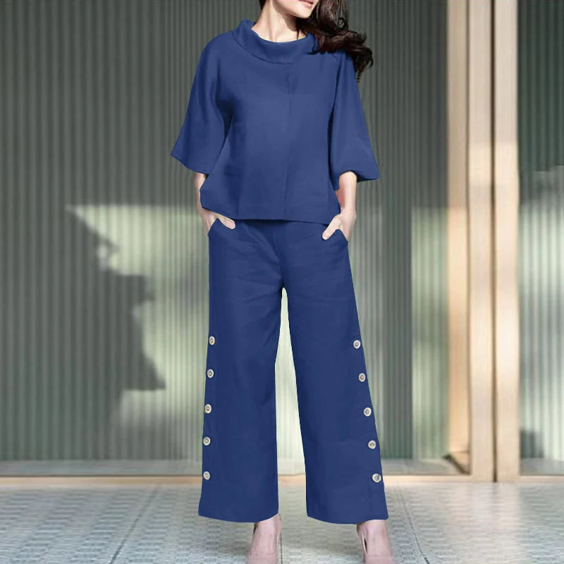 2 Stück Damen Hosen Sets Zanzea Sommer solide ol passende Sets o Hals 3/4 Ärmel Bluse weites Bein Hose lässig locker Arbeits anzug
