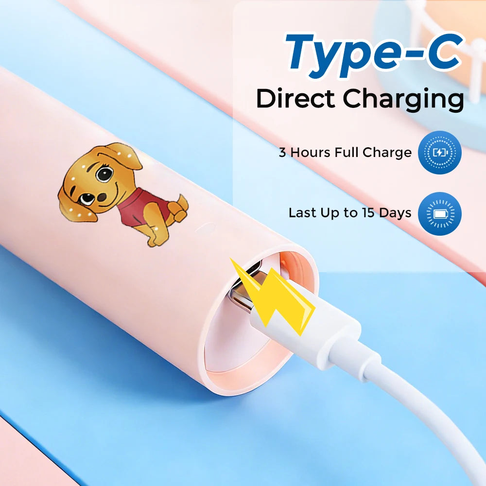    Elektrische Zahnbürste mit 5 Modi und Timer für Kinder, Cartoon-Design, Smart-Rundkopf, rotierendes Mundreinigungsgerät mit Ersatzköpfen