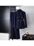 Marineblau-schwarzer modischer Damen-Hosenanzug, langärmliger, einfarbiger Damen-Blazer und Hose, formelles 2-teiliges Set für Herbst und Winter