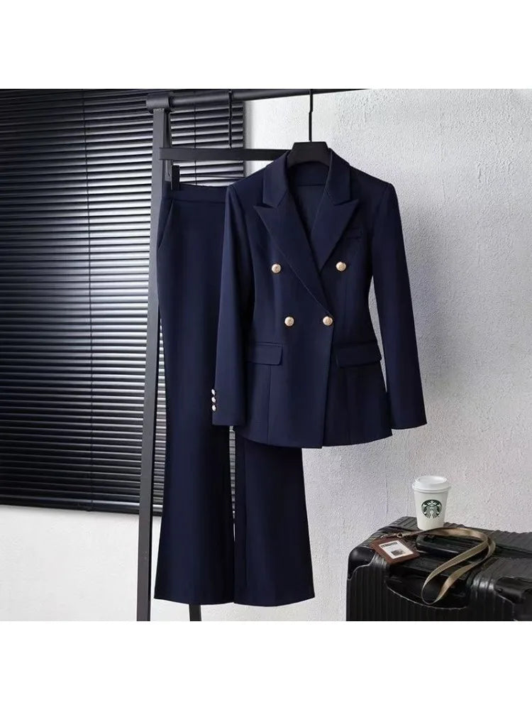 Marineblau-schwarzer modischer Damen-Hosenanzug, langärmliger, einfarbiger Damen-Blazer und Hose, formelles 2-teiliges Set für Herbst und Winter