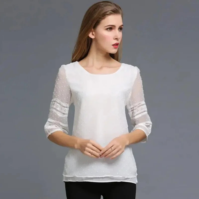 Damenoberteile, modische Bluse, halbe Ärmel, Chiffon-Hemden, Spitzennähte
