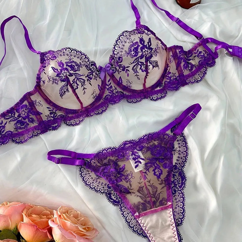 Spitzen-Stickerei-BH-Set mit ultradünnen Cups, transparente Mesh-Nachtwäsche für Frauen mit großer Oberweite, S-XL, Push-up, 32-38