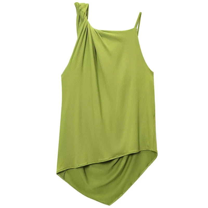 HXAO Grüne Hosen-Sets für Damen, zweiteiliges Set, gerüschtes, asymmetrisches Slip-Top, Anzug-Outfit, schickes, drapiertes Hosen-Set mit hoher Taille und weitem Bein