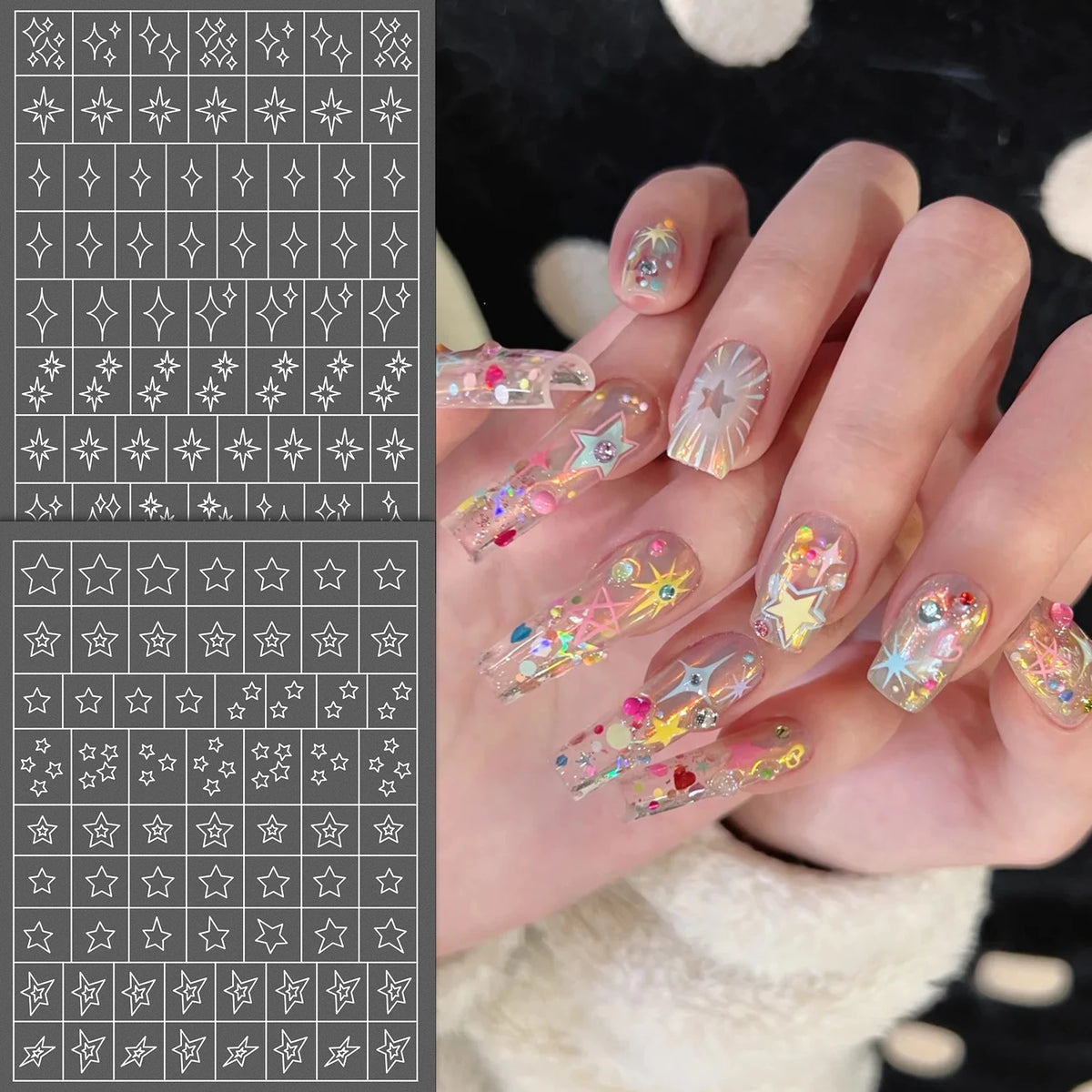 1 Stück französische hohle Nagelaufkleber, Kawaii-Design mit fünfzackigen Sternen, Liebesherzen und Sternen-Spikes, transparente, sprühlackierte Nagelaufkleber