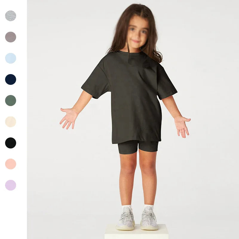 Neuheit Kleine Kinder Baby Mädchen Kleidung 2 Stück Trainingsanzug Set Übergroßen Kurzarm Baumwolle T-shirt + Leggins Shorts Sport Anzug