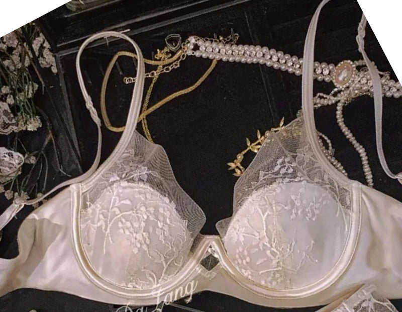Sexy Spitzen-BH und Höschen-Set, Push-Up-Minimizer, tiefer Bügel, Demi-Cup für Damen, Partykleidung, durchsichtiges Push-Up-Minimizer-BH-Set aus Satin