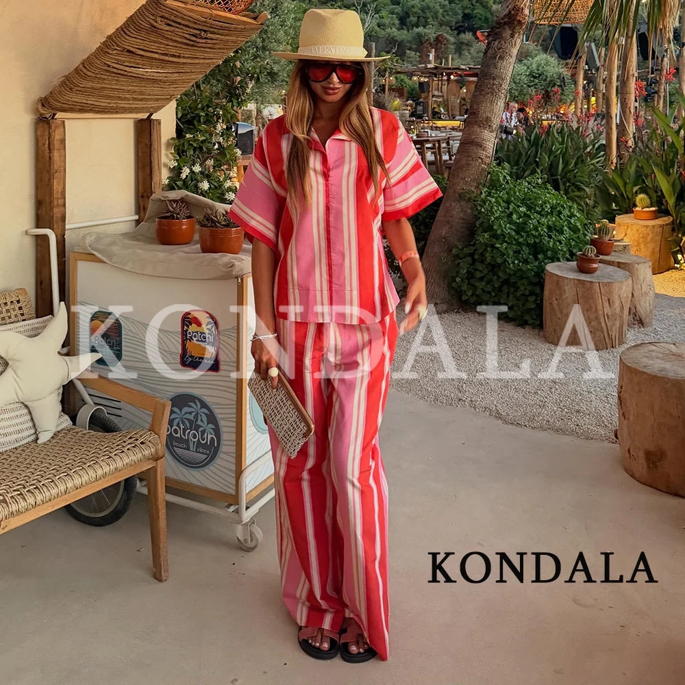 KONDALA Damen Casual Urlaubs-Set mit Gestreiftem Kurzarm-Oberteil und Eleganter Langer Hose 2026 Sommer Schickes V-Ausschnitt-Top, Hose mit Elastischem Bund