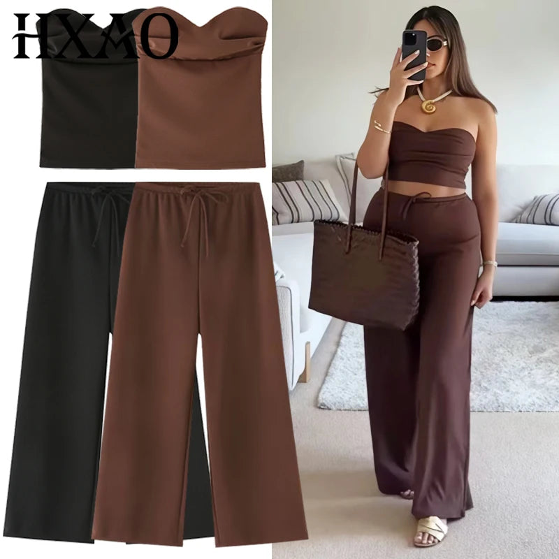 HXAO Rüschen-Hosen-Sets für Damen, zweiteiliges Set, trägerlos, bauchfrei, rückenfrei, Röhrenoberteil, Anzug, schicke Schnürung, weites Bein, Hosen-Sets, Outfits