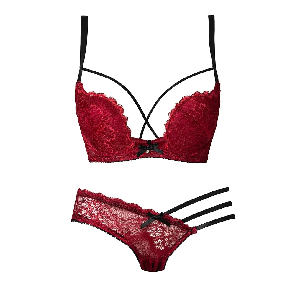 Eleganter, rückenfreier BH mit tiefem V-Ausschnitt, transparentes rotes Spitzen-Bralette für kleine Brust, dünnes Raff-Dessous-Set für Damen, tushy Bright Red Plunge AB