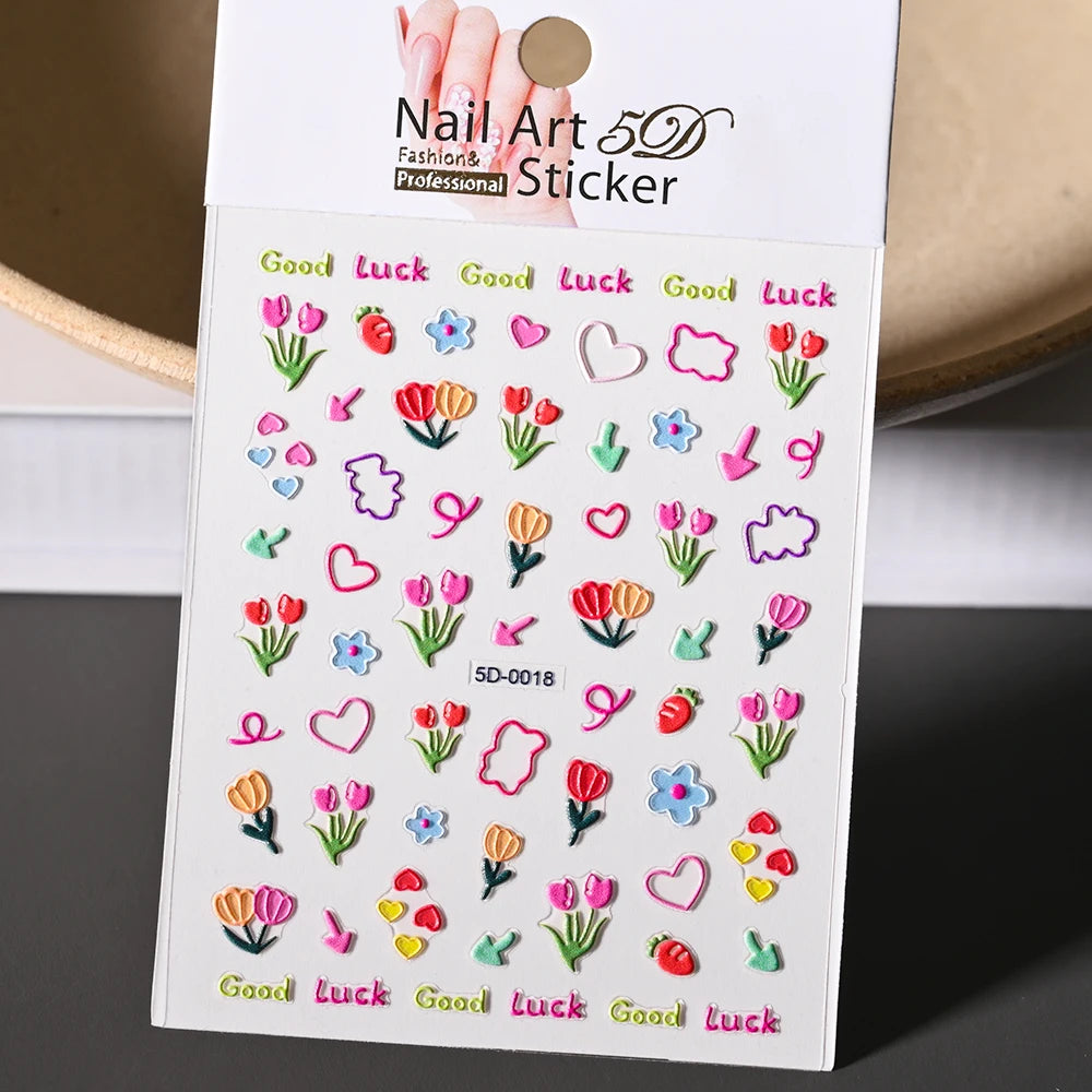 1Pc 5D Geprägte Kawaii Floral Schmetterling Nagel Aufkleber 3D Cartoon Bogen Kaninchen Erdbeere Klebe Aufkleber Urlaub Nagel Sliders