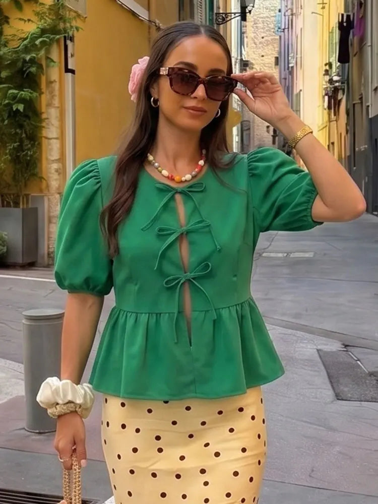 Elegante Damen-Bluse mit Kurzen Puffärmeln und Schleife, Lässiges Mode-Wochenend-Shirt, High-Street-Hemd, Party- und Strand-Oberteil, Schlanker Schnitt