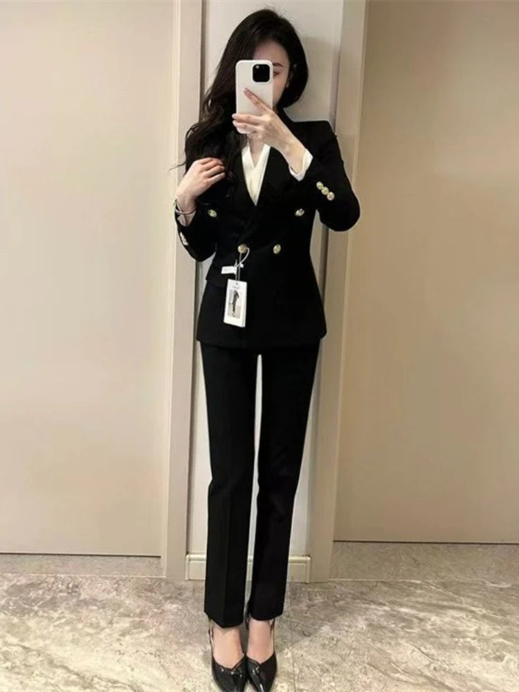 Marineblau-schwarzer modischer Damen-Hosenanzug, langärmliger, einfarbiger Damen-Blazer und Hose, formelles 2-teiliges Set für Herbst und Winter