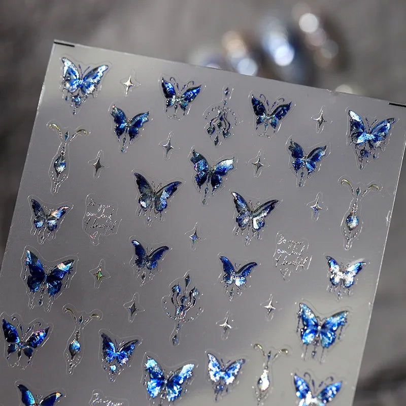 1 stücke 5D Luxus Glitter Blau Schmetterling Nail art Aufkleber Retro Luxus Selbstklebende Transfer Nagel Dekorationen Slider Aufkleber DIY