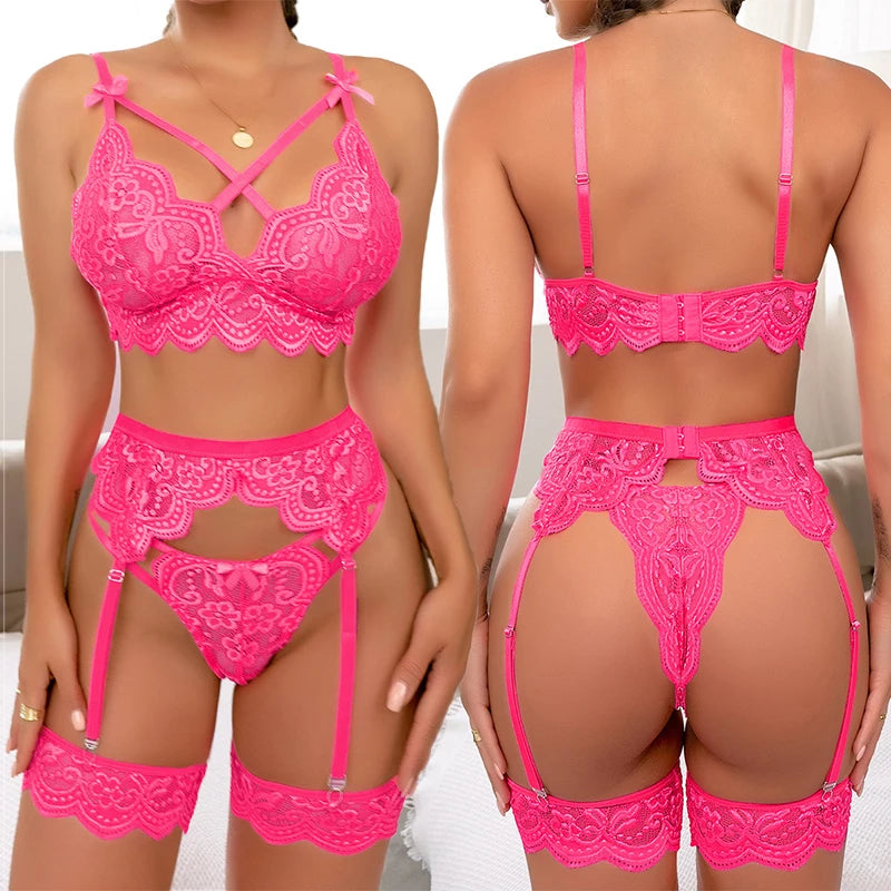 Strumpfband G-String Unterwäsche für Frauen Super Hot 3-teiliges Dessous-Set Blumen-BH Tanga Pornografisches Outfit Hosenträger Damenunterwäsche