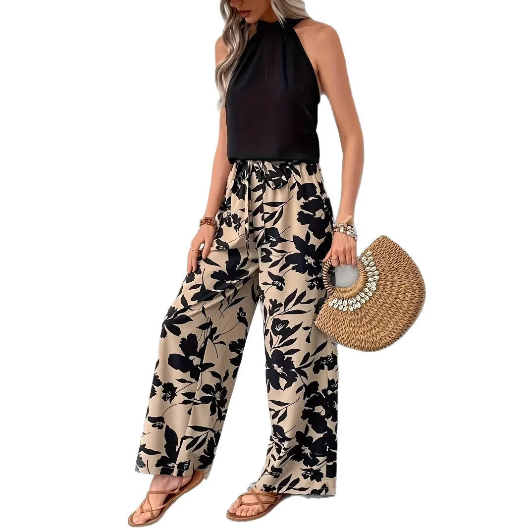 Damen-Hose mit großem Blumenmuster, weitem Bein, elastischem Kordelzug, hoher Taille, lockerer Passform, in voller Länge, lässige Sommer-Strand-Palazzo-Hose