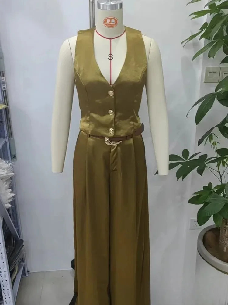 KONDALA Casual Chic Gelb Satin Frauen Anzüge V-ausschnitt Tasten Weste Hohe Taille Breite Bein Hosen Mode 2025, Sommer Urlaub Anzüge