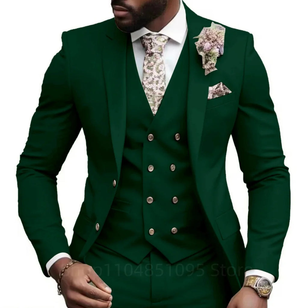 Hochwertige Grüne Business-Anzüge für Herren Slim Fit Elegante Hochzeitskleidung 3-Teilig Zweiknopf-Jacke Weste Hose Party-Sets
