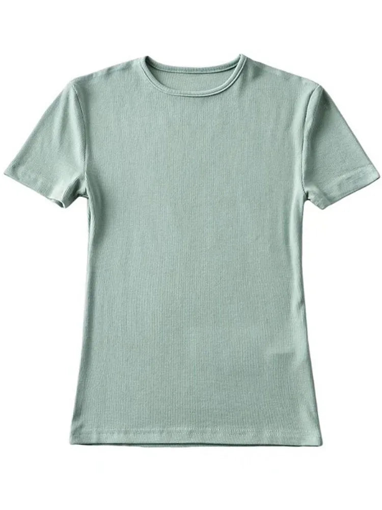 Casual Sommer Frau Skinny Fit T-shirt Enge Kurzhülse O-ansatz T Grundlegende Solide Crop Tops T Shirt