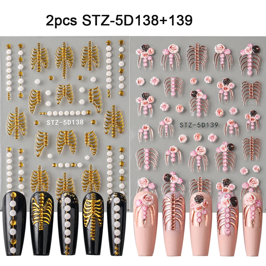 1/2 Stück 5D Skelett Rose Weiße Perle Nail Art Aufkleber Eleganter Modestil Gold Roségold Farben DIY Maniküre Dekoration Tipps