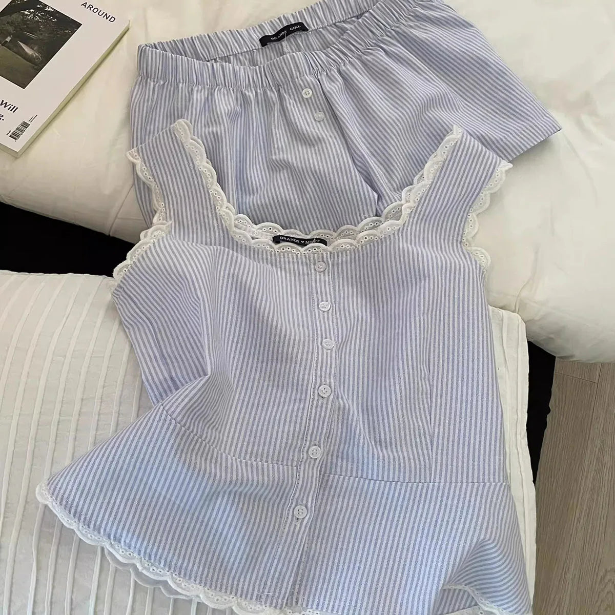 Gestreifte Damen-Pyjamas, Sommer-Nachtwäsche, ärmellose Shorts-Sets, 2-teilig, Spitzen-Nachtwäsche, Tank-Top, koreanischer Schlafanzug für zu Hause
