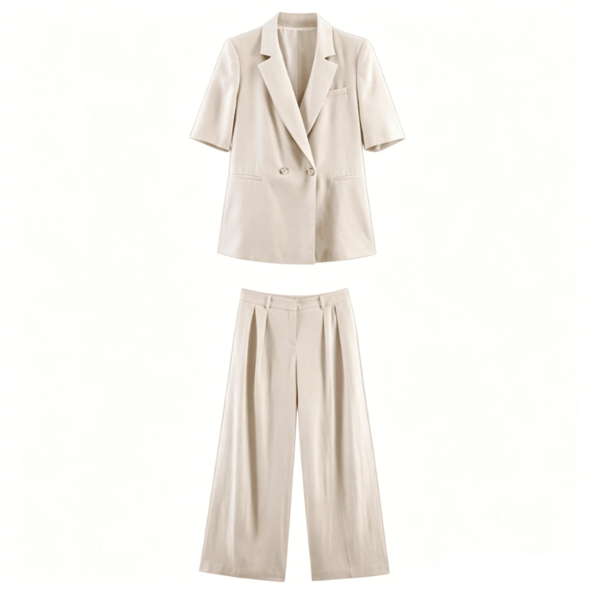 Damen Zweiteiler Sommer 2026: Zweireihiger Kurzarm-Blazer mit High-Waist Weitem Hosenbein – Perfektes Business-Set für den Arbeitsweg