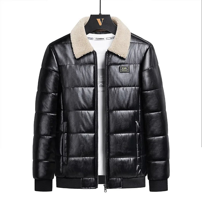 Lammfellkragen, verdickte, mit Fleece gefütterte Baumwolljacke, Business-Casual-Ledermantel für Herren, Winter, warm, stilvoll, Herren-Oberbekleidung