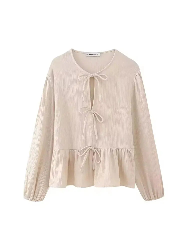 HH Damen Elegantes Einfarbiges 2-Teiliges Outfit O-Ausschnitt Schnürung Langarm-Bluse & Weite Hosen Set Lässiger Frühlingsanzug